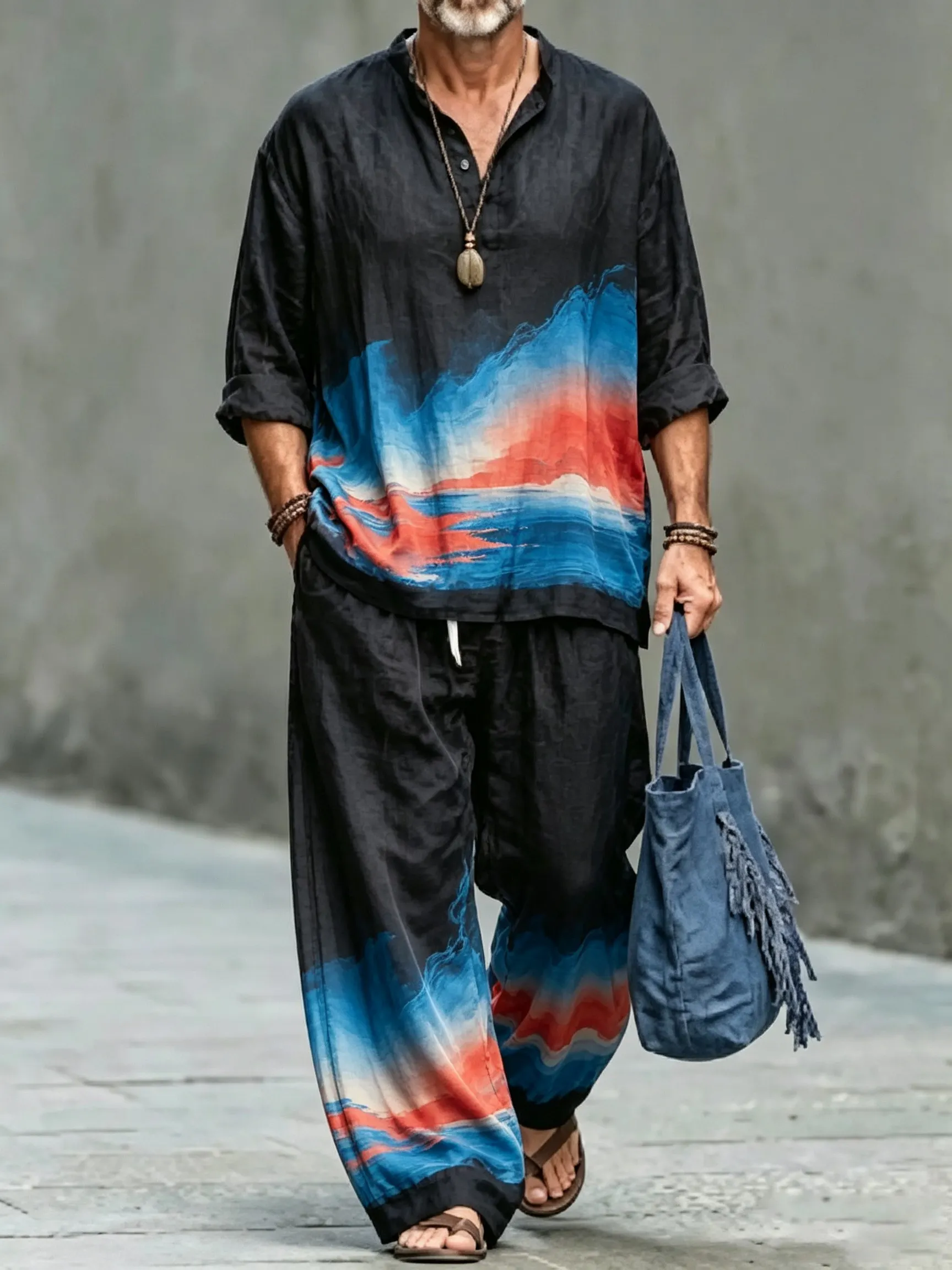 para hombre vintage Abstract Art estampado de algodón camisa Set (Top & pantalón)