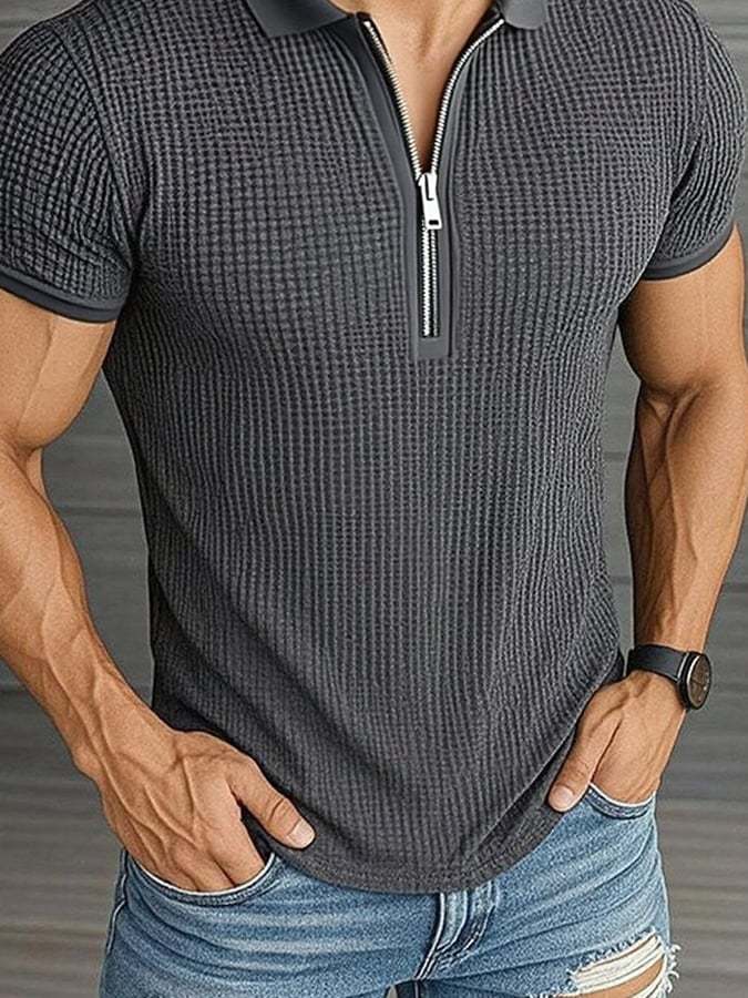 Camisa polo casual de color sólido Waffle cierre de manga corta para hombre - vista 2