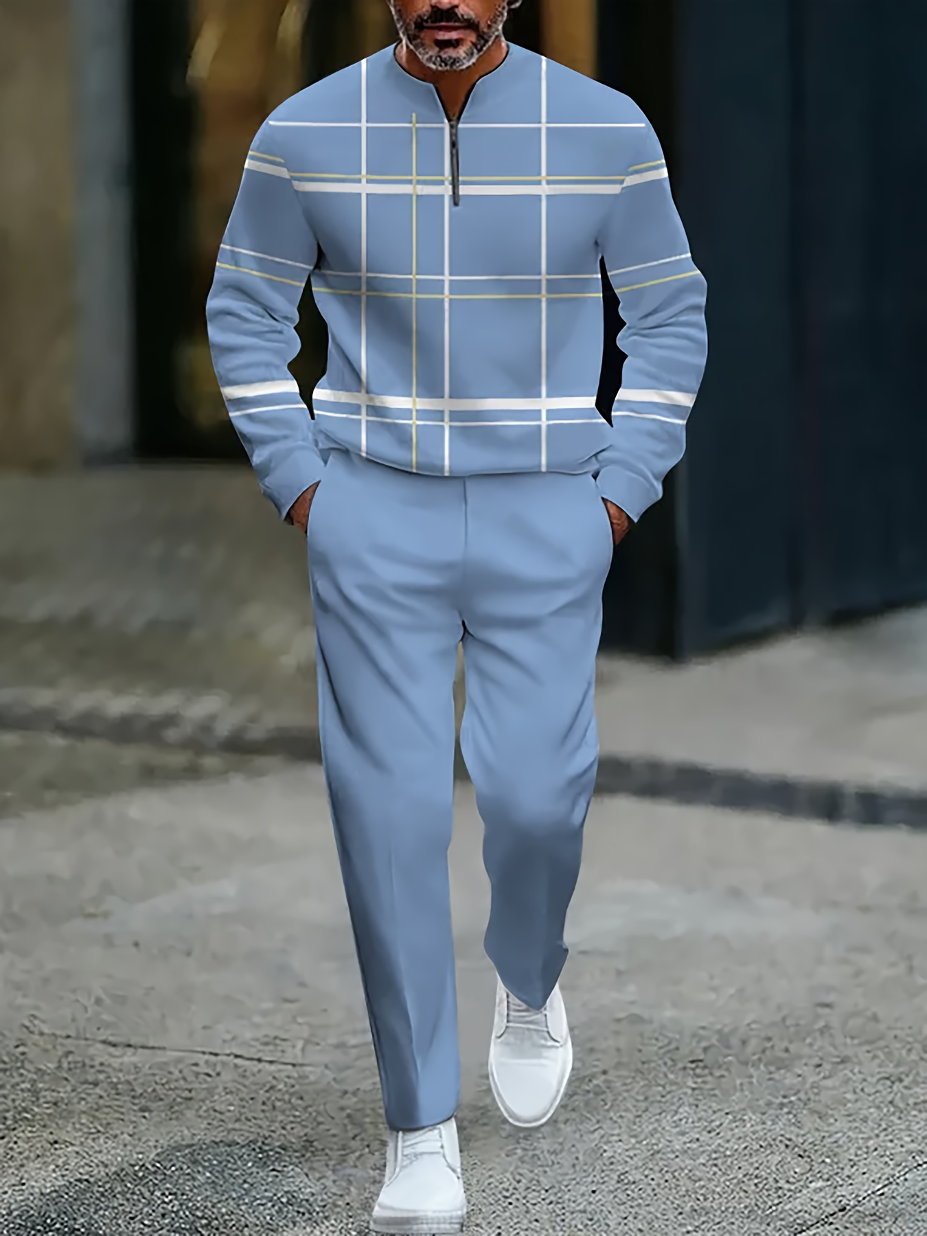 Conjunto de dos piezas casual Color Matching estampado Round-Neck Zipper de manga larga Trousers para hombre