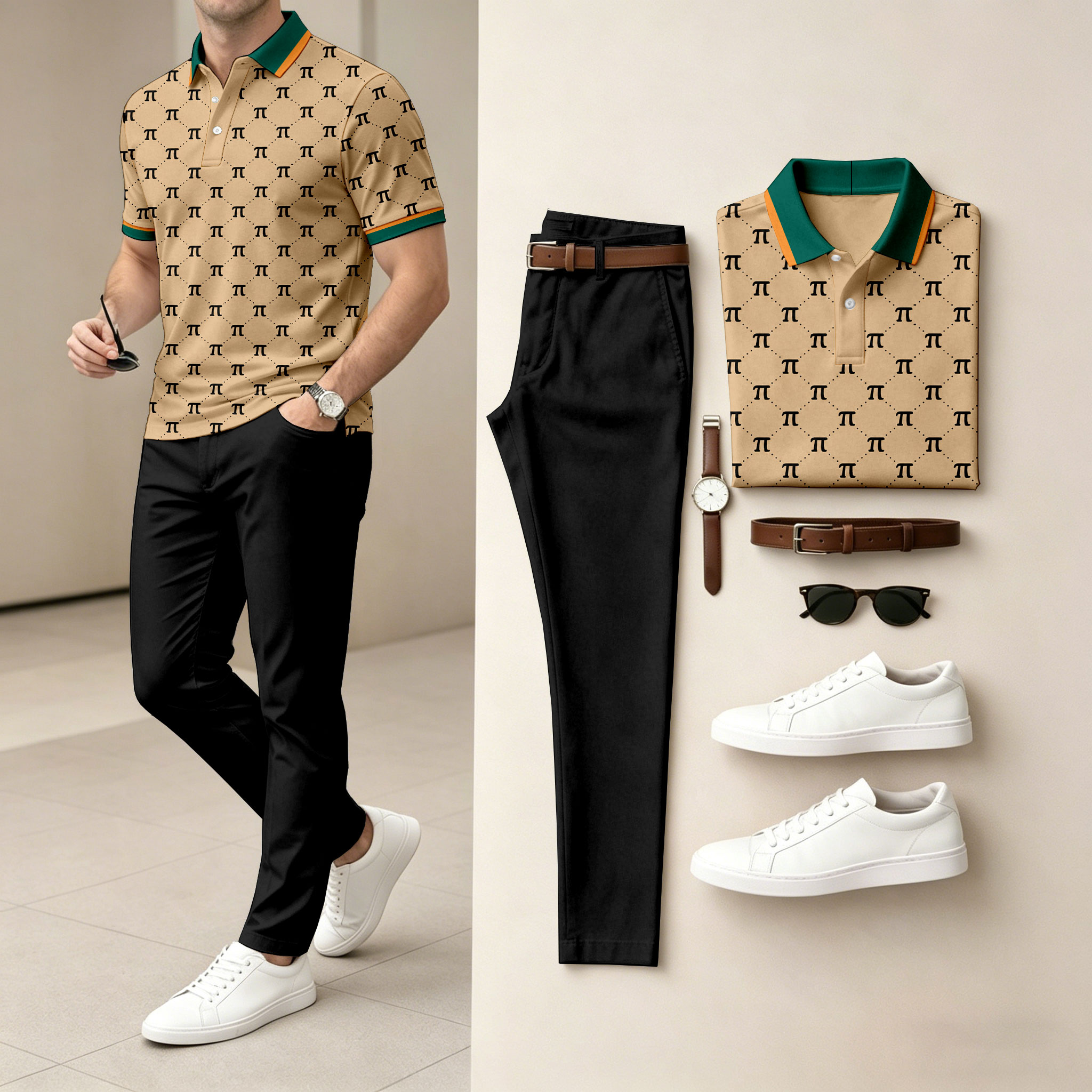 para hombre Black de manga corta camisa polo with a Black Collar and Long pantalón conjunto de dos piezas