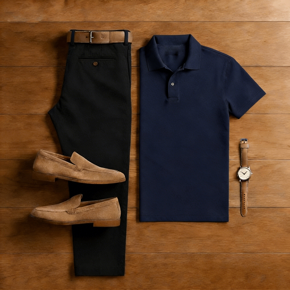 Conjunto de dos piezas casual Navy Blue & Black de color sólido Matching de manga corta camisa polo & Trousers para hombre
