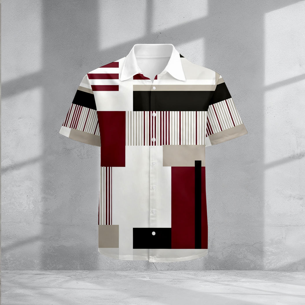 Casual Lapel Maroon & White Geometric estampado de manga corta camisas para hombre