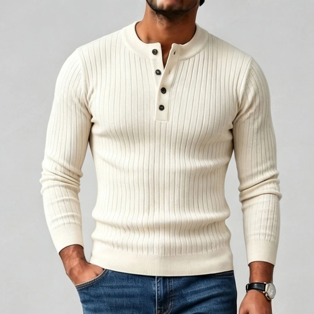 Solid-Color Henley-Neck de manga larga Top para hombre