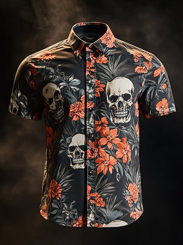 Camisa vintage Skull and floral de manga corta para hombre