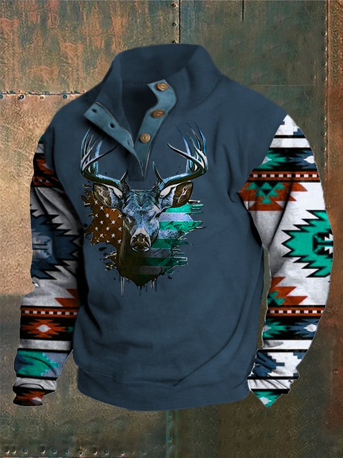 Sudadera Western Style estampado Stand cuello Button para hombre