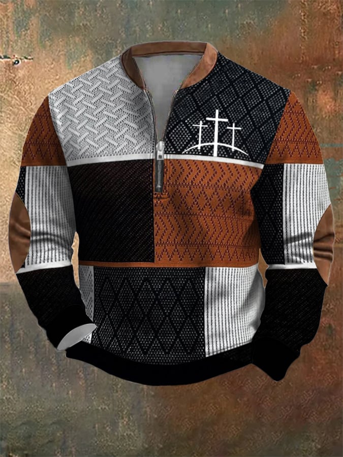 Sudadera retro Western texturizado Faith Cross estampado cierre Neck para hombre