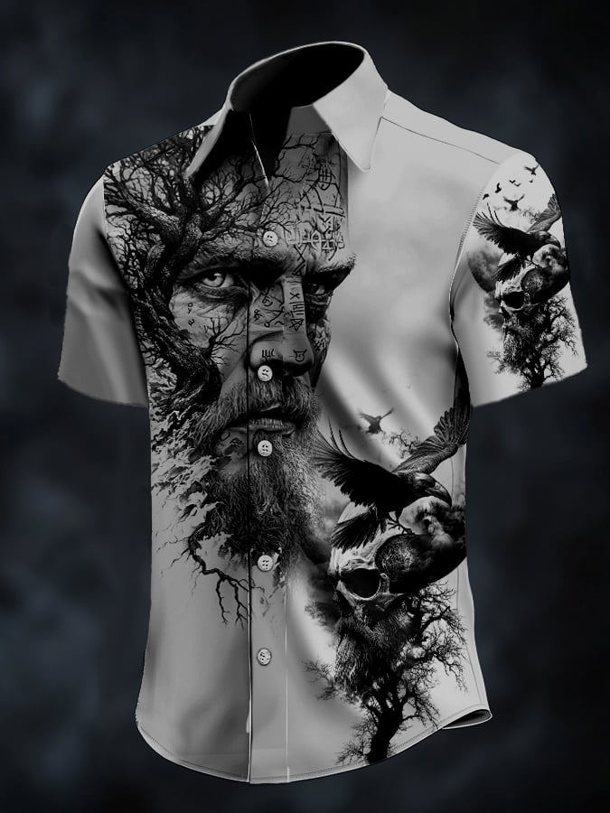 Camisa casual vintage Viking portrait satén para hombre