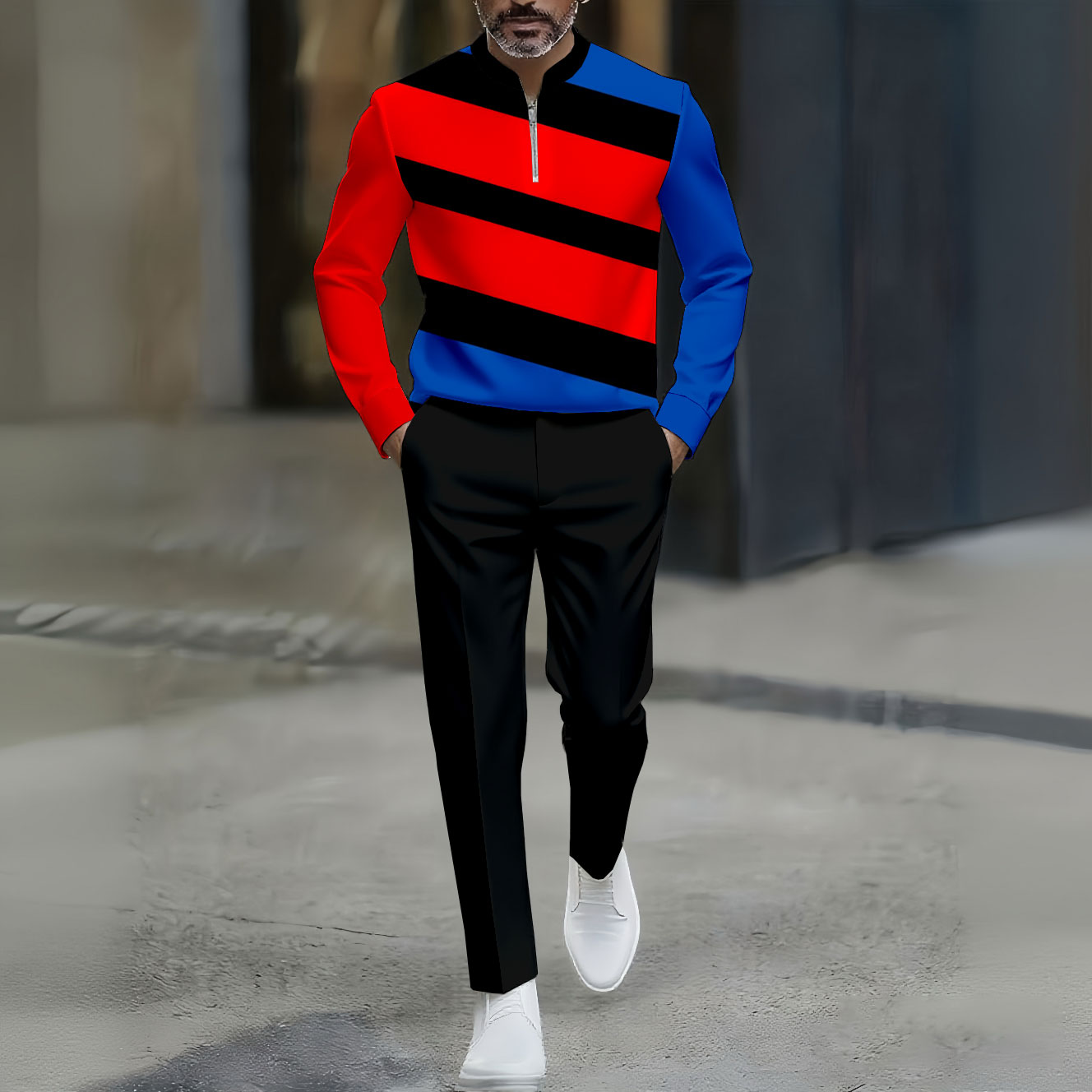 Conjunto de dos piezas casual Black Red & Blue Color Matching Asymmetric a rayas estampado Round-Neck Zipper de manga larga Trousers para hombre