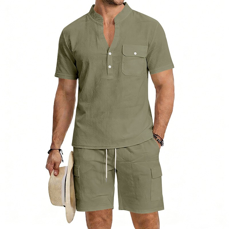 Conjunto de dos piezas European Style de lino casual Stand Collar de manga corta camisa and Cargo shorts Set, Lightweight transpirable Summer Outfit, holgado Fit Drawstring for Beach Vacation Travel Resort Streetwear Comfortable elegante Loungewear para hombre