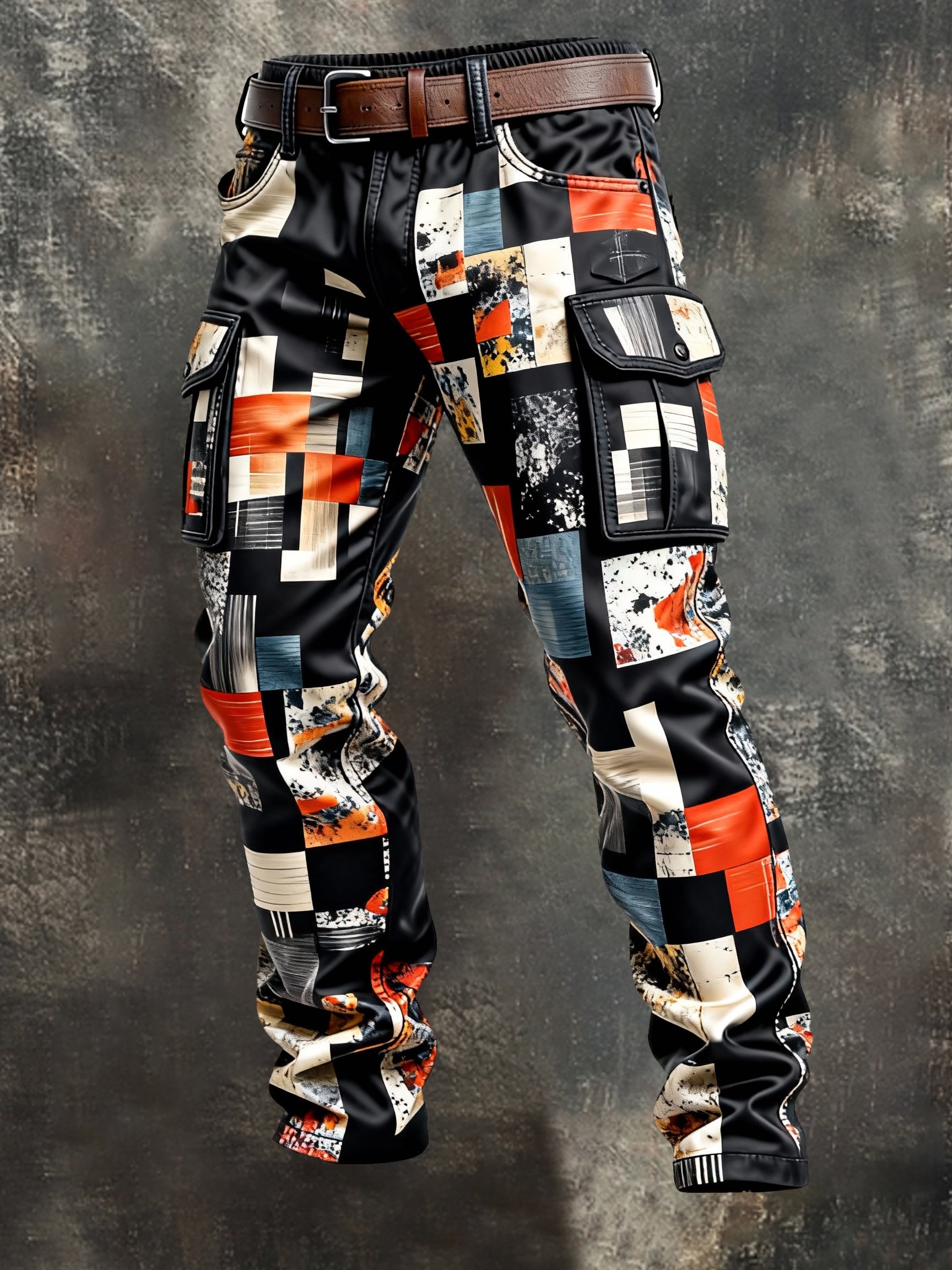 Pantalón retro en bloques de color desgastado bolsillo Cargo para hombre