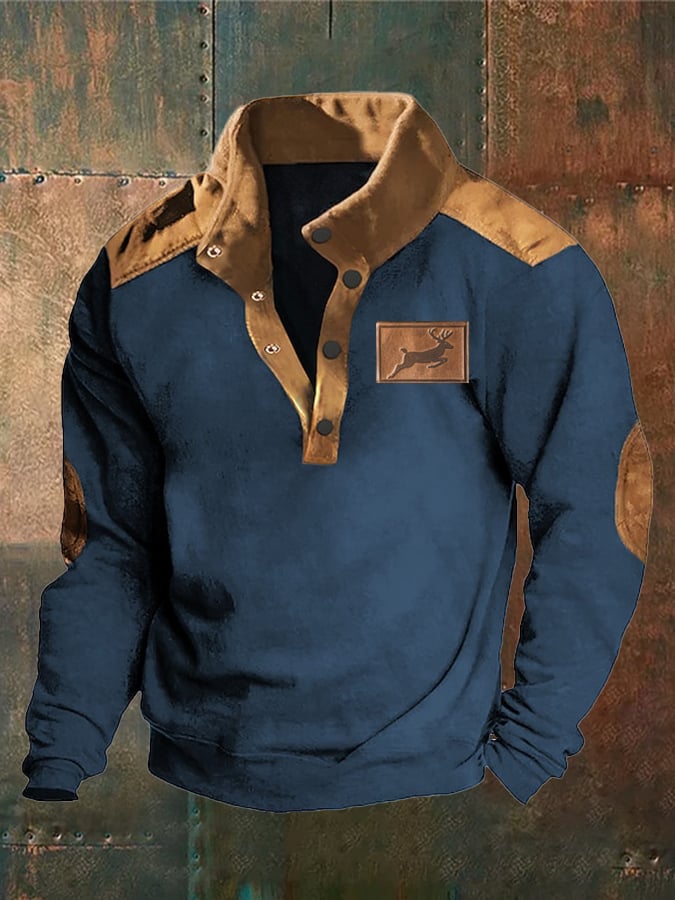 Sudadera Western Style Elk estampado Deerskin terciopelo Patchpara trabajo Stand-cuello para hombre