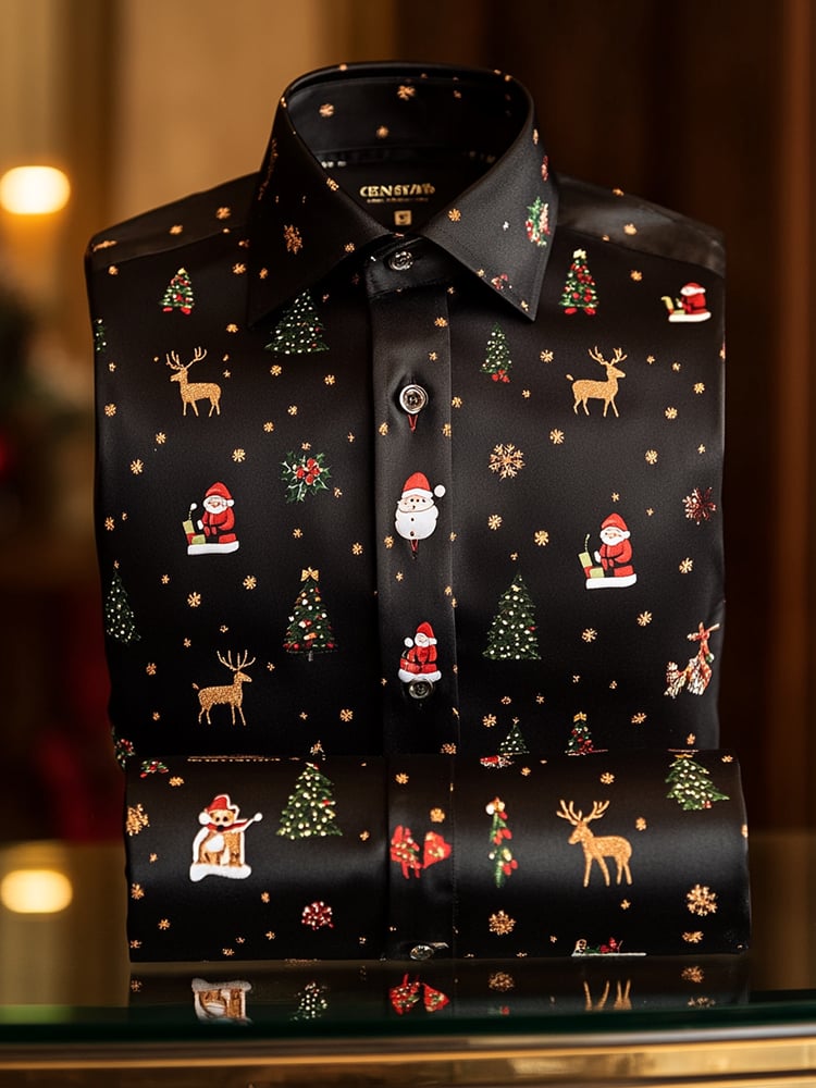 Camisa Christmas satén Luxe de manga larga con botones para hombre