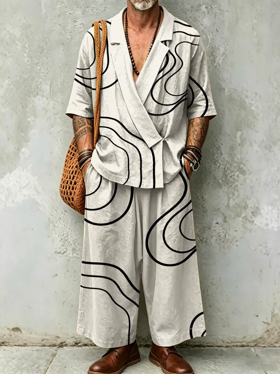 para hombre Abstract Art Print casual de lino Suit Collar de manga cortad Top And pantalón Two-piece