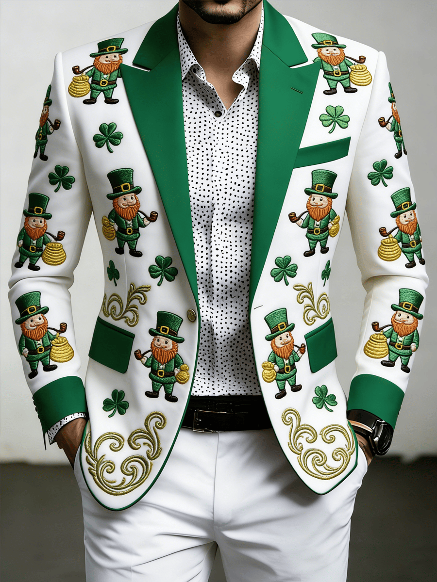 Chaqueta de lujo St. Patrick's Day Leprechaun and Shamrock estampado Suit para hombre