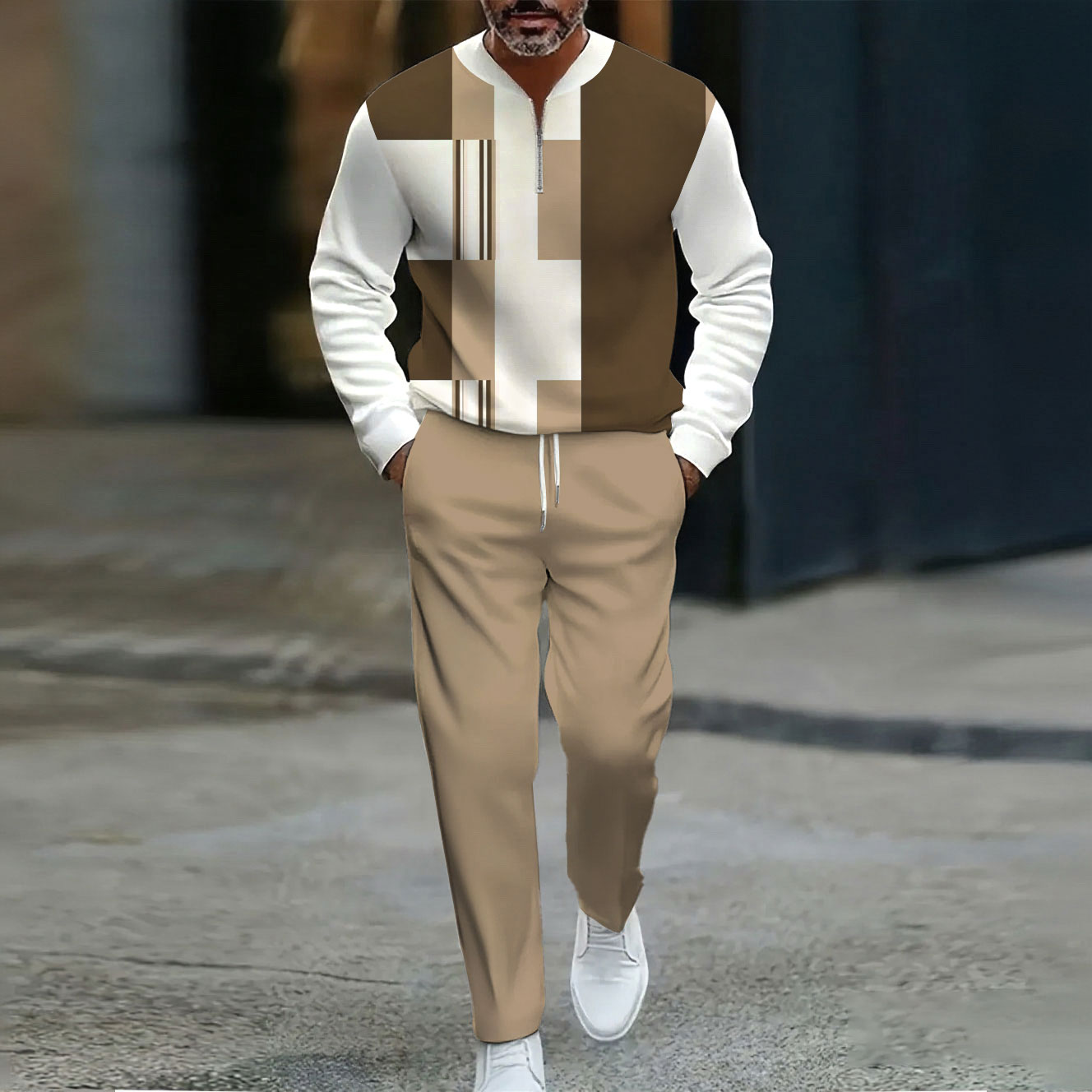 Conjunto de dos piezas casual Khaki & White Color Matching Geometric estampado Round-Neck Zipper de manga larga Trousers para hombre