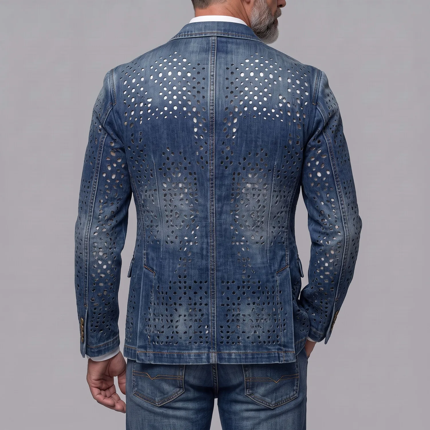 para hombre retro Distressed Denim Hollow Out Notch Lapel Single Breasted saco