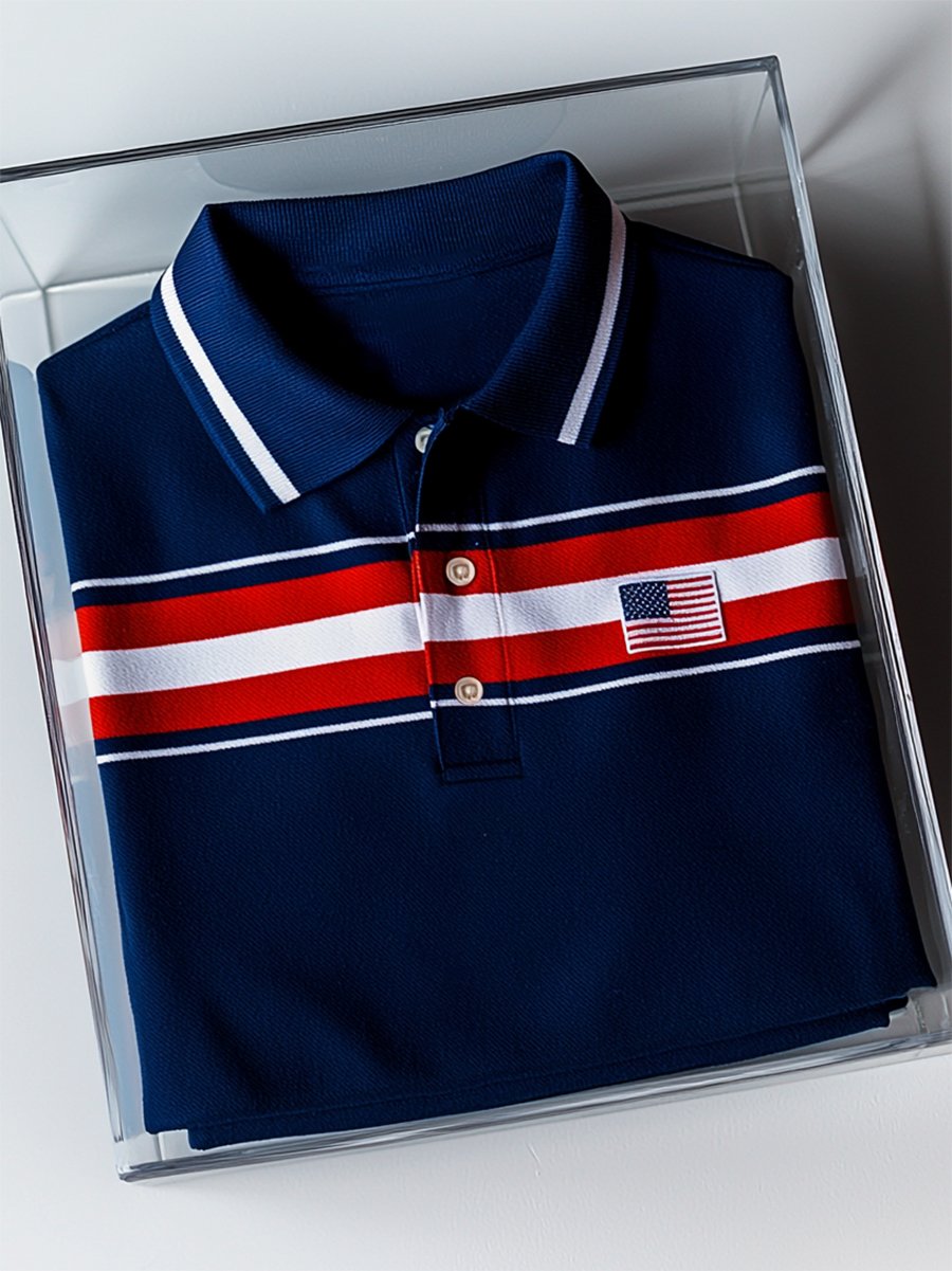 Camisa polo ejecutivo casual Independence Day a rayas Button de manga corta para hombre