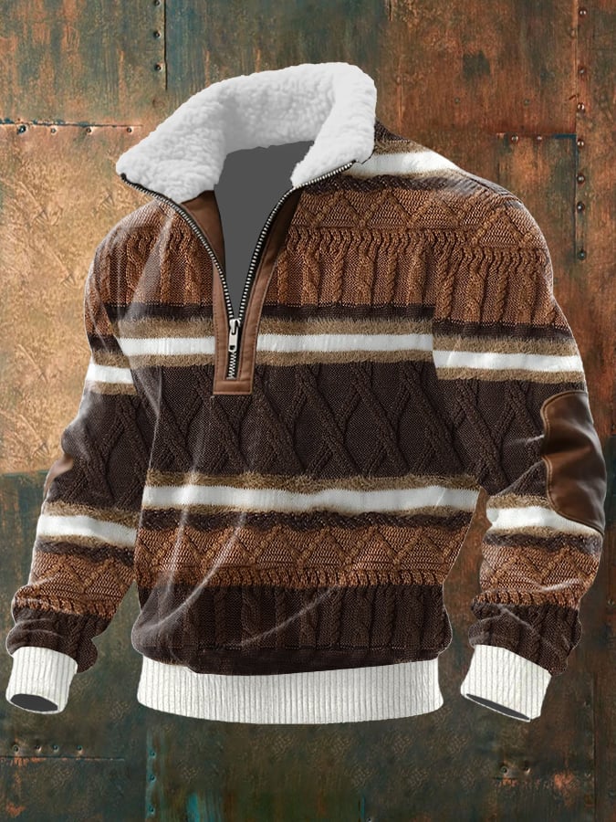 Sudadera retro Western Texture estampado tejido Fabric cierre Fur cuello de manga larga para hombre