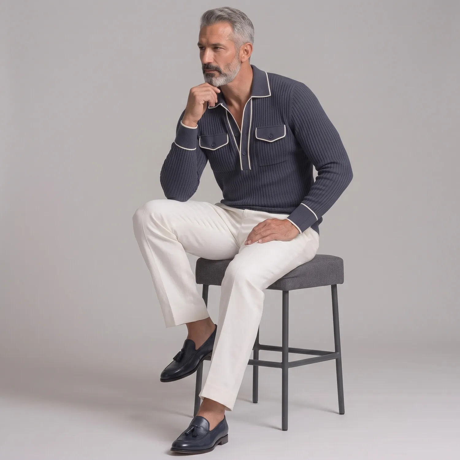 para hombre Ribbed tejido Contrast Piping Chest Pockets de corte entallado de manga larga camisa polo
