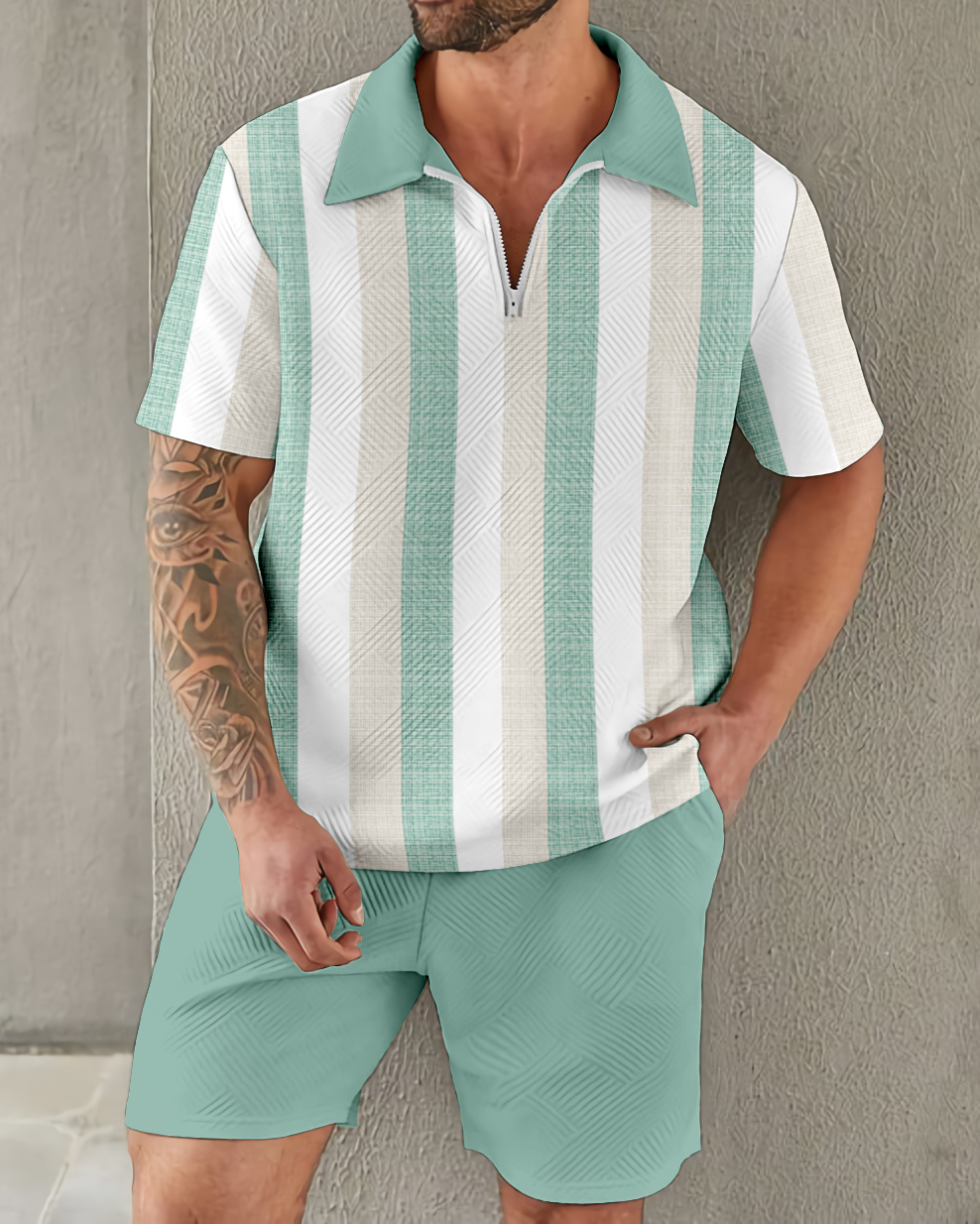 Suitmens retro clásico Green And White Contrast rayas Zipper Polo Set