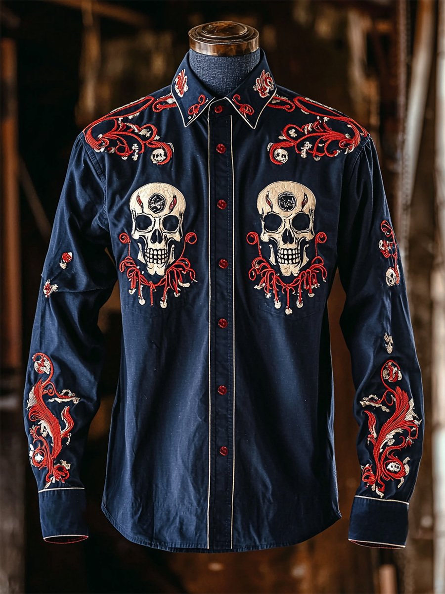 Camisa retro casual Skull estampado de manga larga para hombre