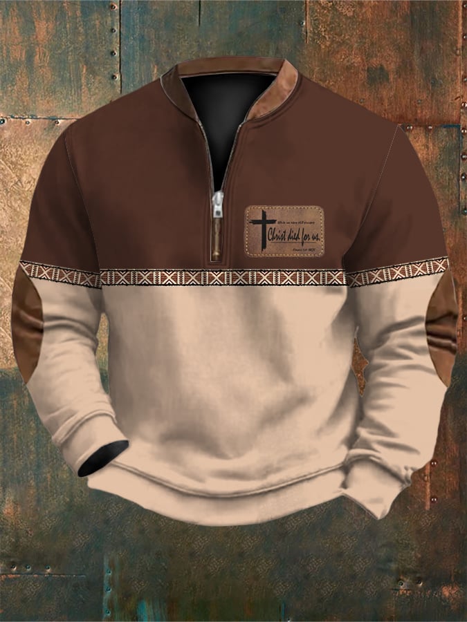 Sudadera retro Western Faith estampado Zip-Neck para hombre