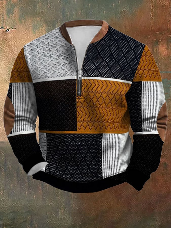 Sudadera retro Western texturizado estampado Zip cuello para hombre