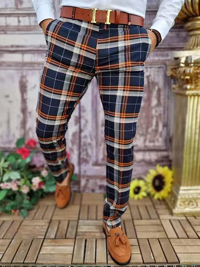 Casual Color Contrast a cuadros Mid-Waist Trousers para hombre