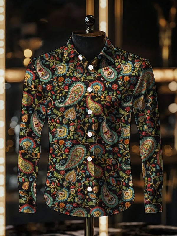 Camisa satén de lujo Ethnic Paisley de manga larga para hombre