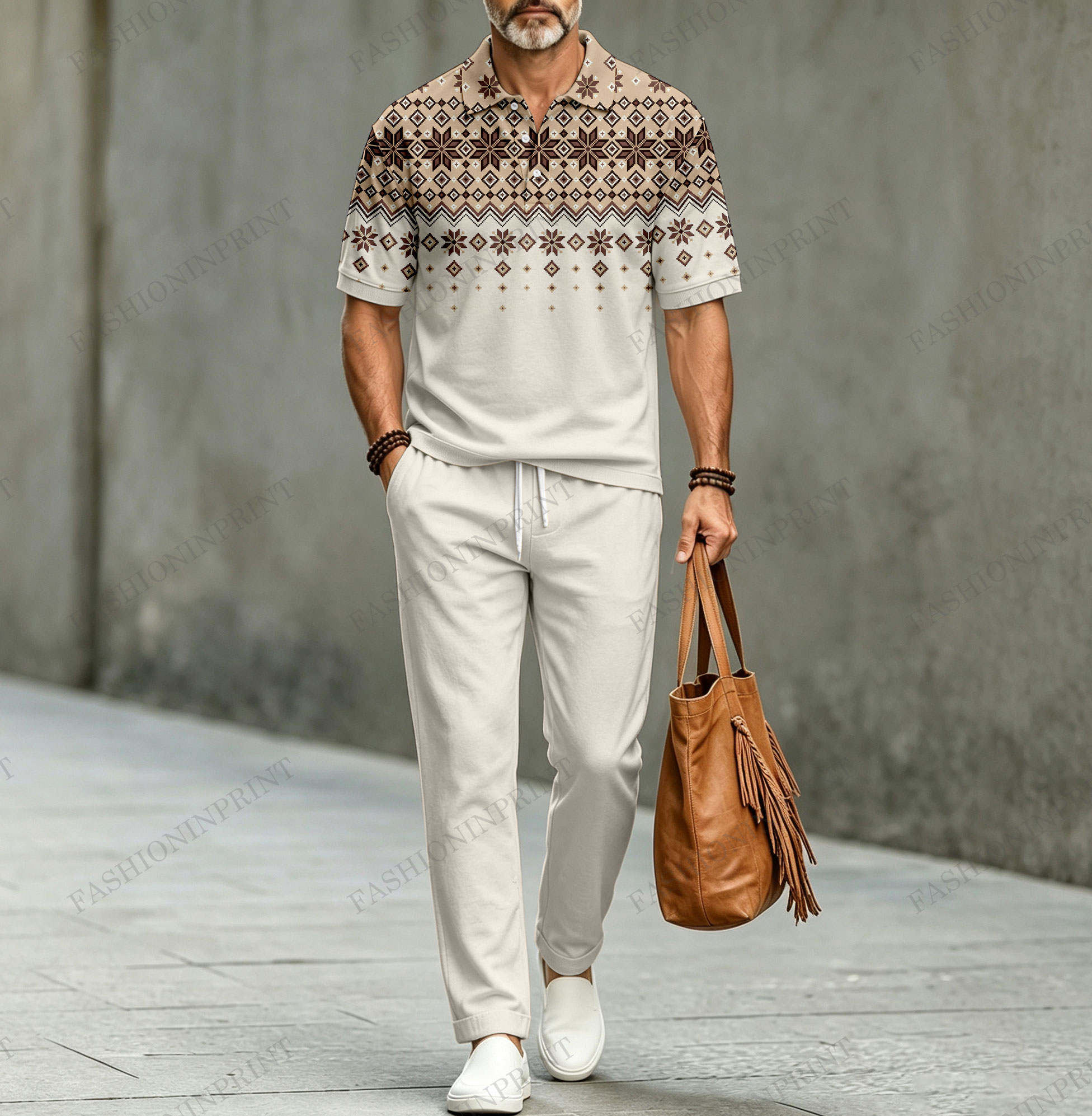 Conjunto de dos piezas casual : estampado de manga corta camisa polo with Solid-Color Gradient Bottom and pantalón para hombre