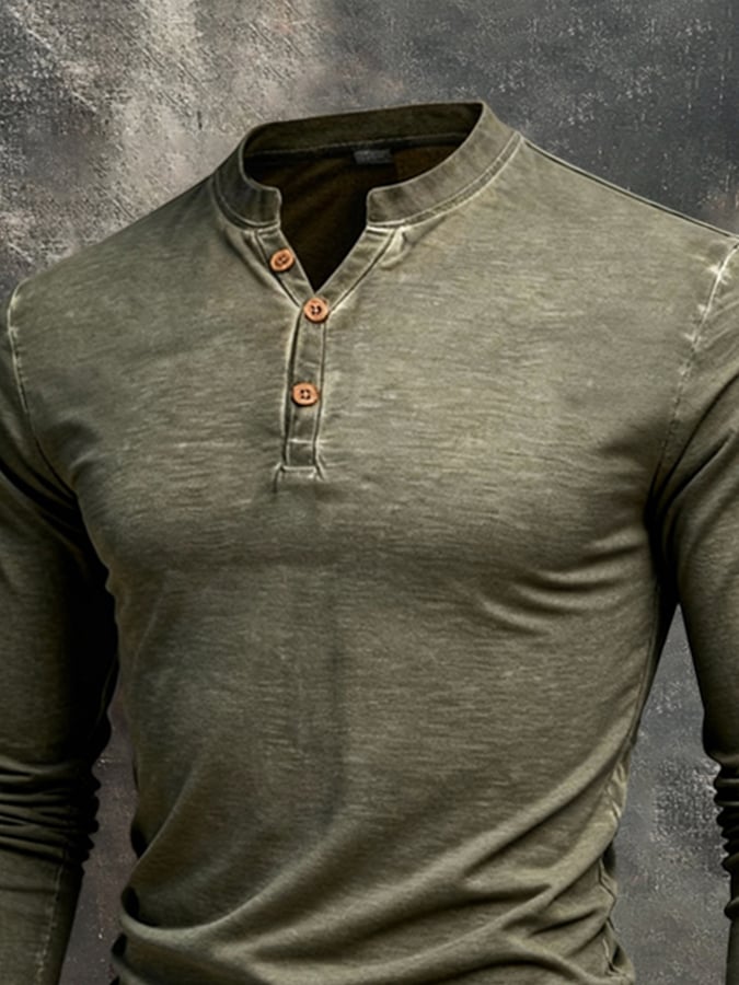 Camiseta vintage Washed And desgastado Pure de algodón Henley Neck de manga larga para hombre