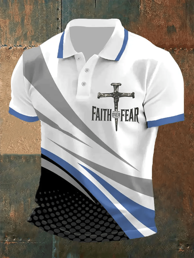 Camisa polo retro Faith “Faith Over Fear�? casual estampado para hombre