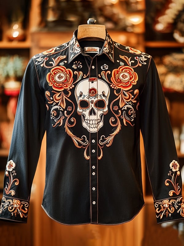 Camisa para exterior vintage Skull and floral estampado de manga larga para hombre