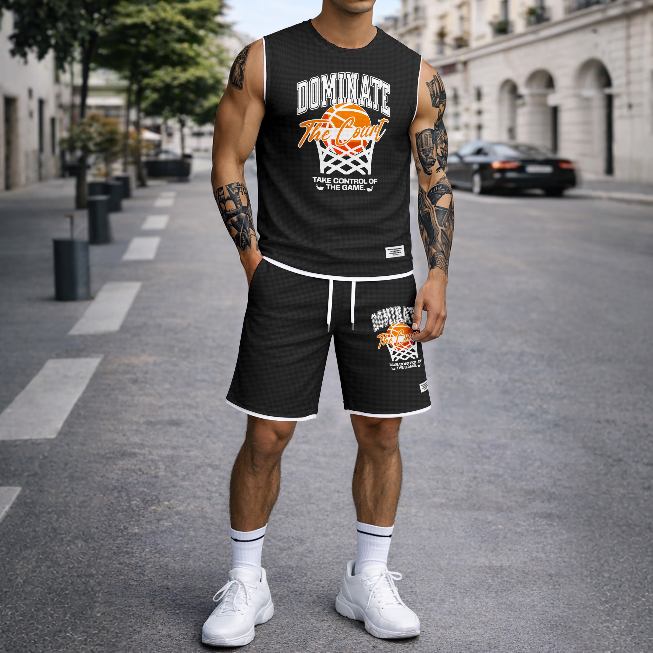 Shorts Basketball Graphic estampado Summer Set Sleeveless Tank Top & Matching Outfit, “Dominate The Court” Letter estampado with Hoop & Ball Design, Lightweight casual Streetwear Athletic Set for Everyday & para trabajoout para hombre