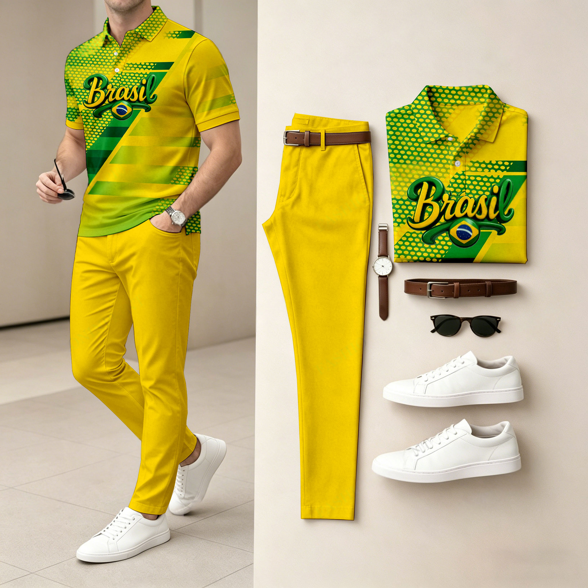 Conjunto de dos piezas casual Yellow Letters Sporty estampado camisa polo And pantalón para hombre