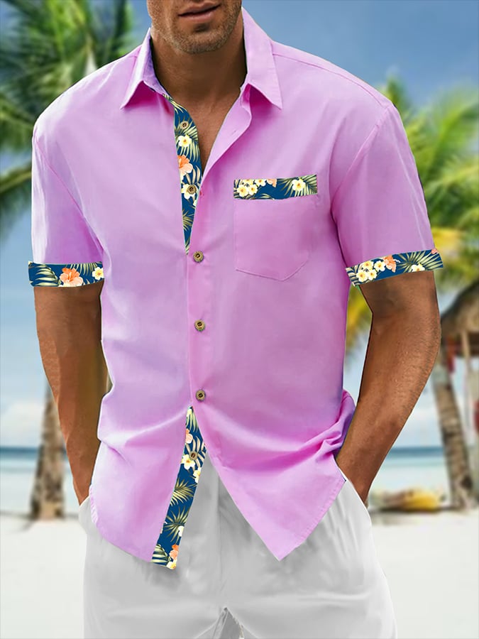 Camisa Resort Style Contrast estampado casual de manga corta para hombre
