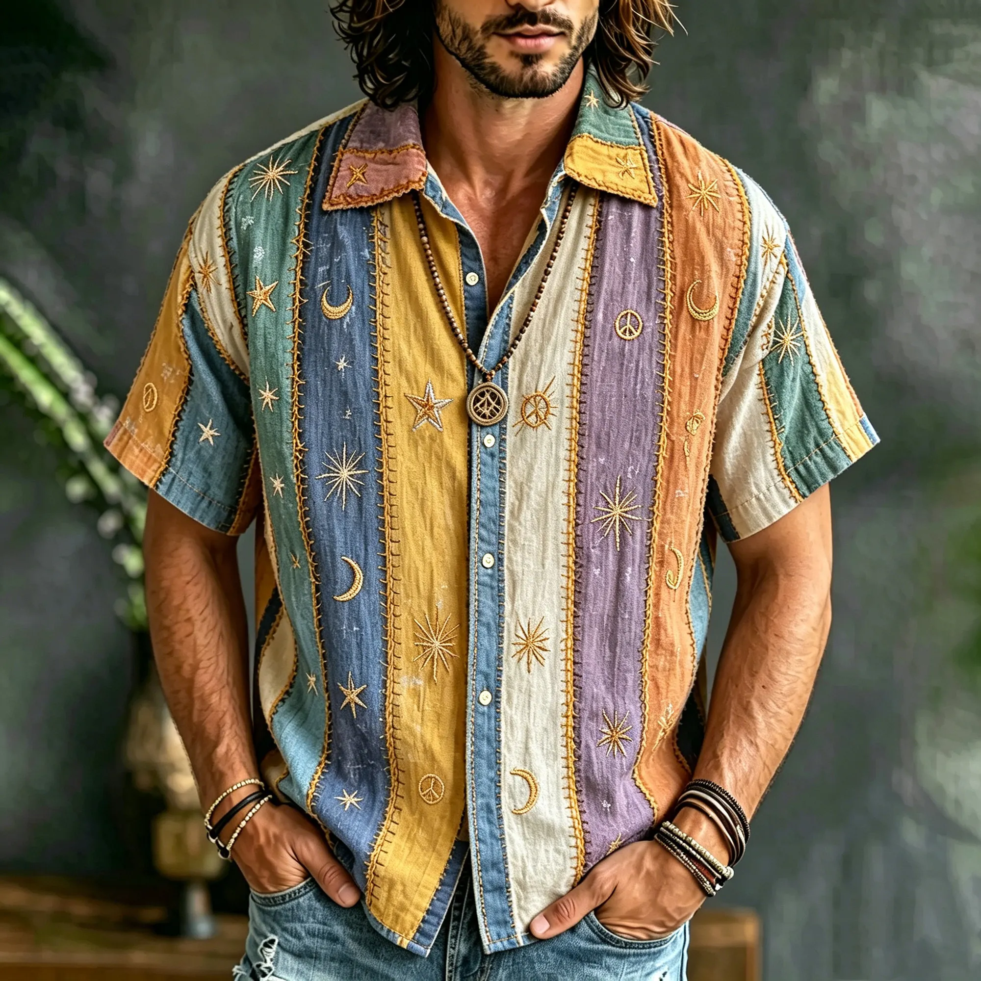 para hombre Rainbow a rayas Patchwork con botones camisa, 3d Embroidery Star Moon Peace Symbol Hippie Celestial de manga corta casual Western Top