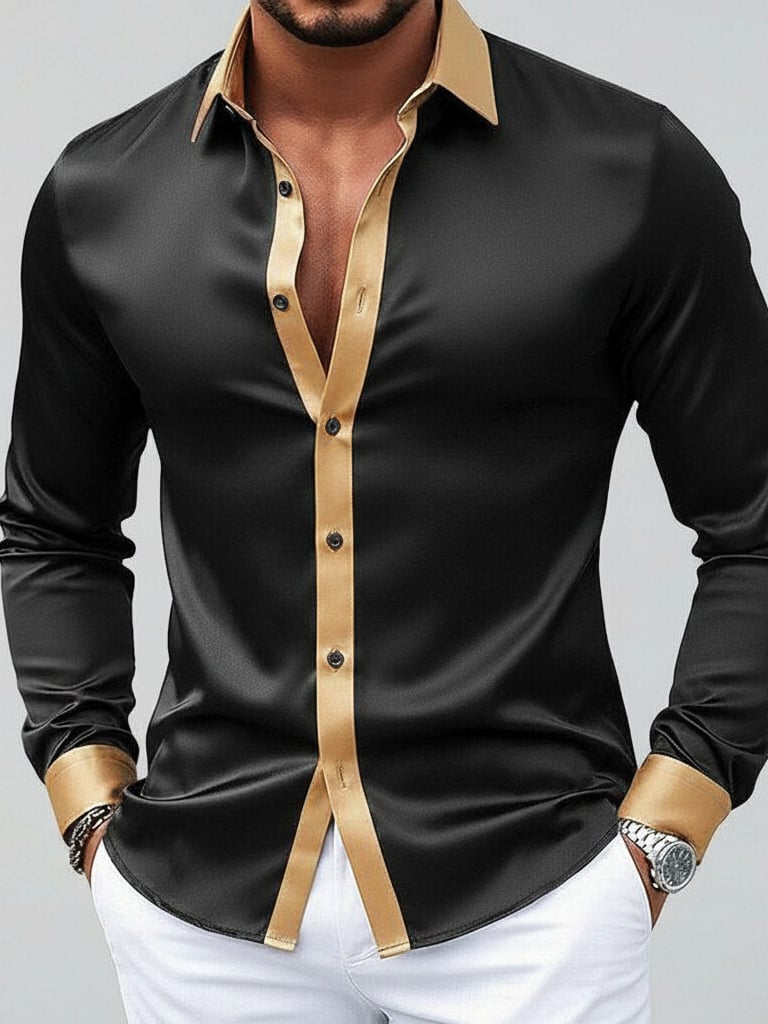 Camisa Black satén Turndown cuello de manga larga Button Contrast Trim para hombre