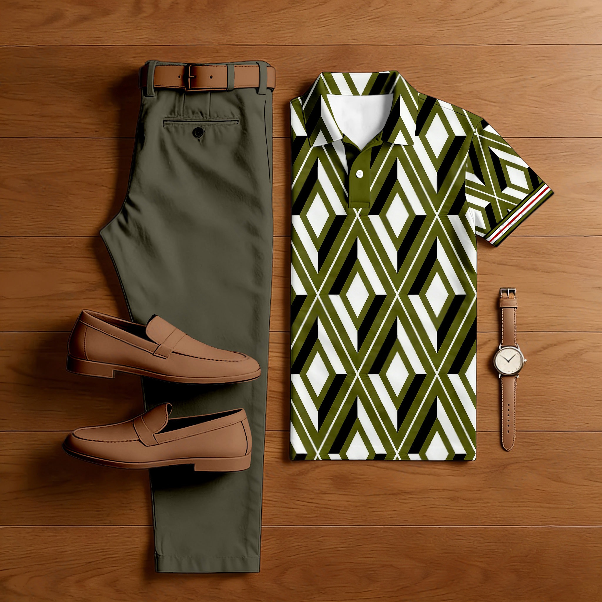 Conjunto de dos piezas casual Army Green & White Color Matching Checkered estampado de manga corta camisa polo & Trousers para hombre