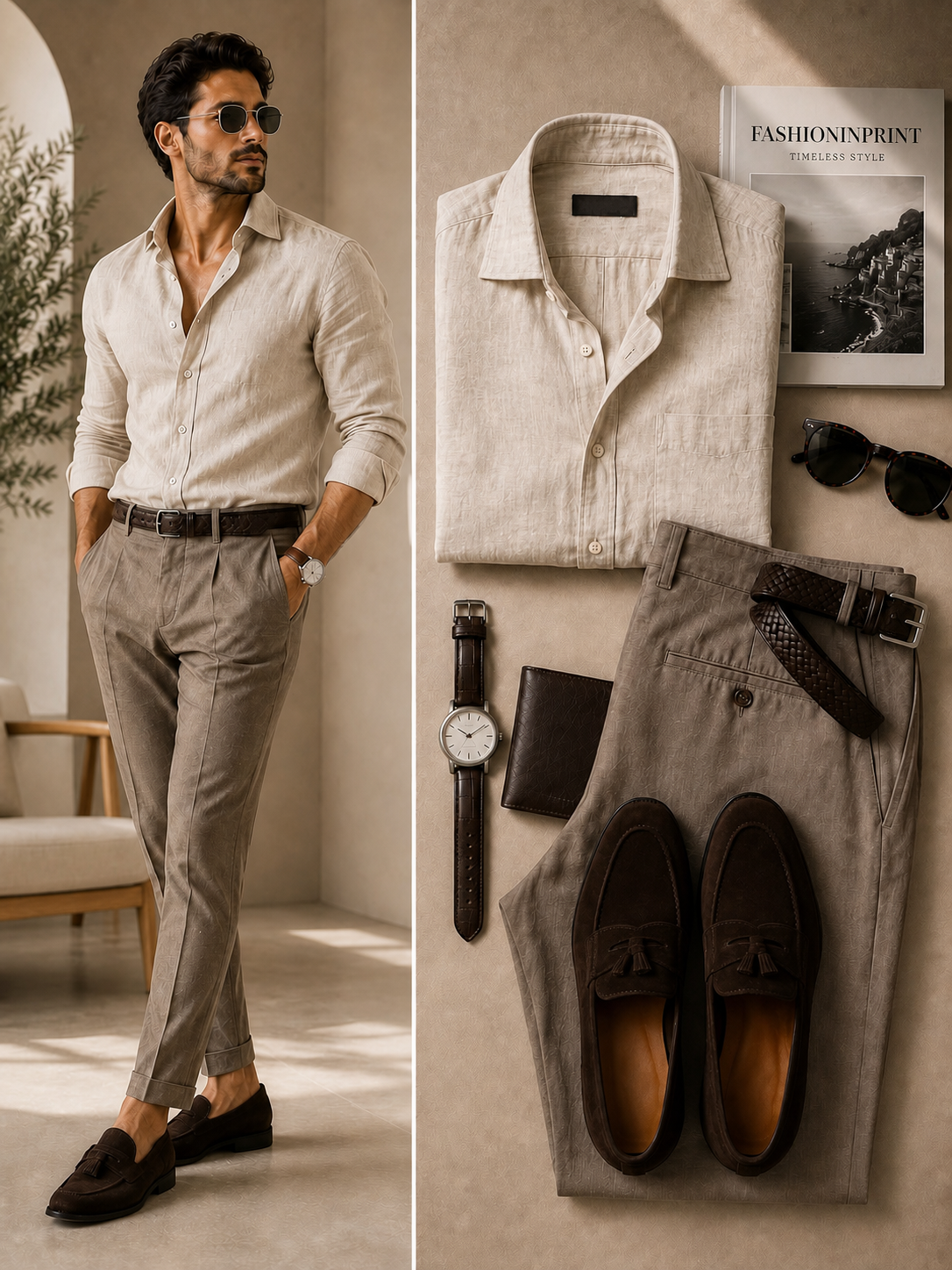 para hombre Beige Textured de manga larga con botones camisa & Taupe Tailored pantalón 2 Piece Set