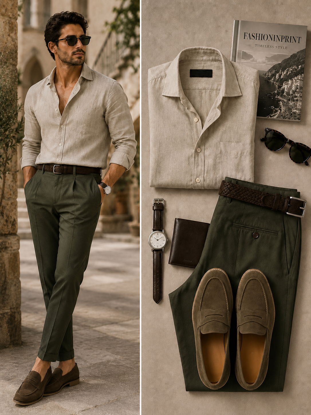para hombre Beige Textured de manga larga con botones camisa & Olive Tailored pantalón 2 Piece Set