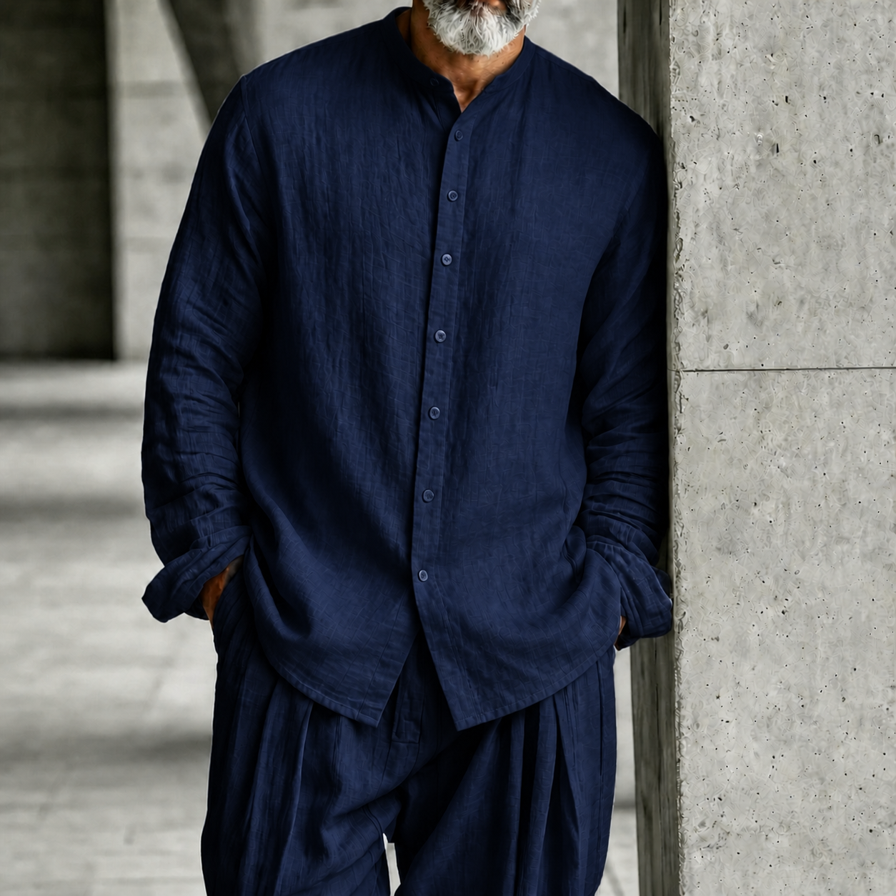 para hombre Stand-Collar Half-Open Henley camisa and Trousers Set