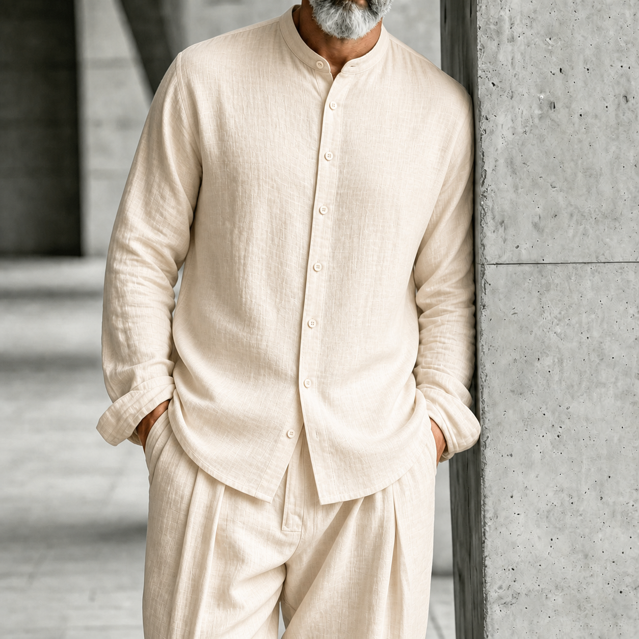 para hombre Stand-Collar Half-Open Henley camisa and Trousers Set