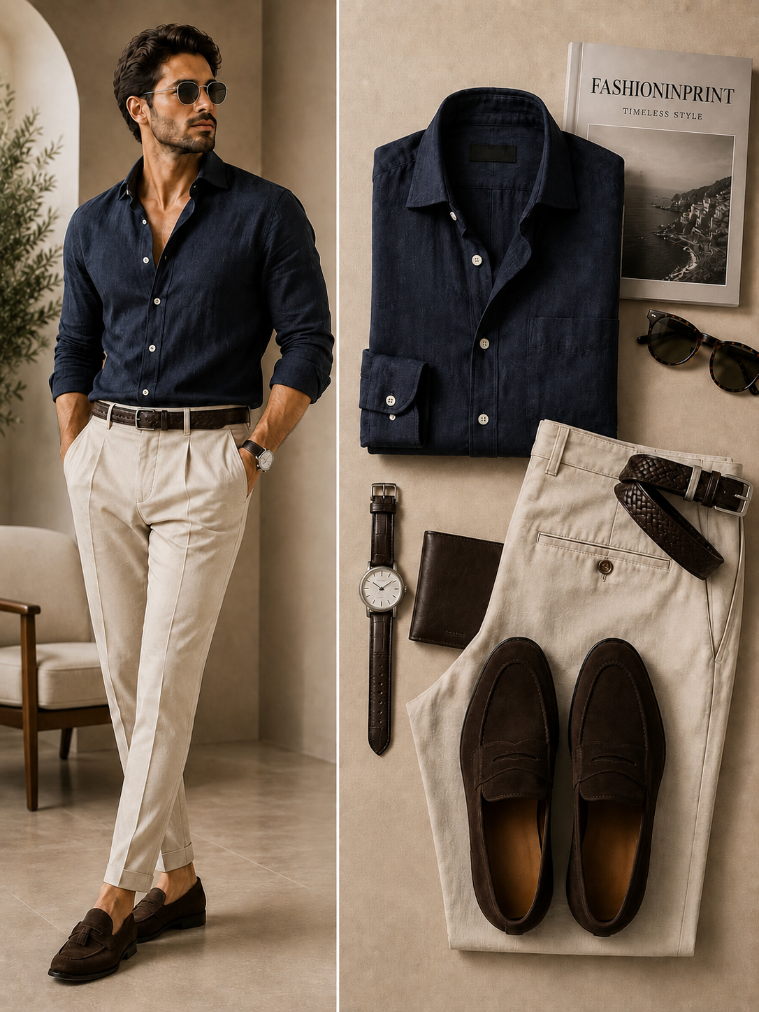 para hombre Navy Textured de manga larga con botones camisa & Ivory Tailored pantalón 2 Piece Set