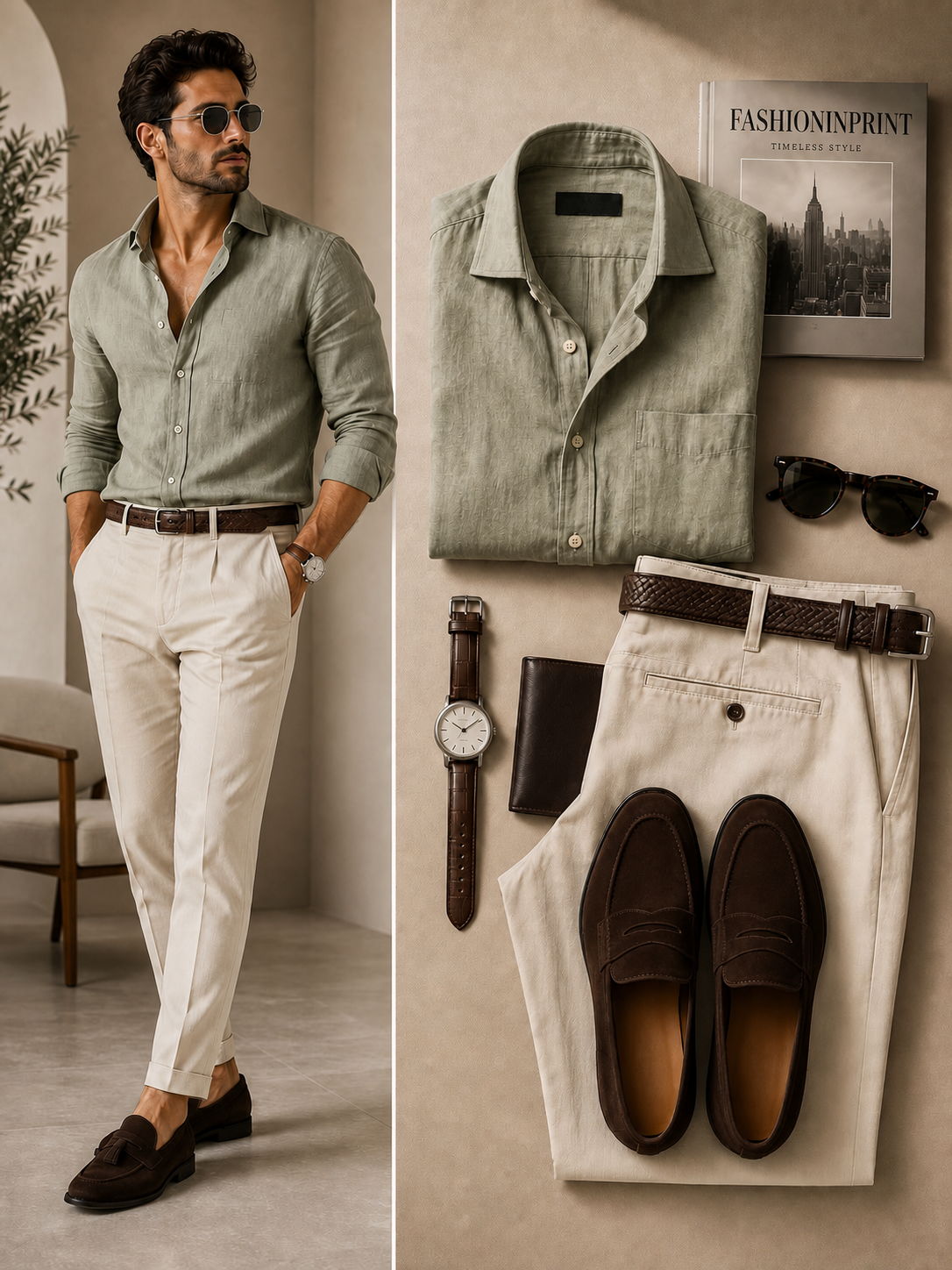 para hombre Sage Textured de manga larga con botones camisa & Ivory Tailored pantalón 2 Piece Set