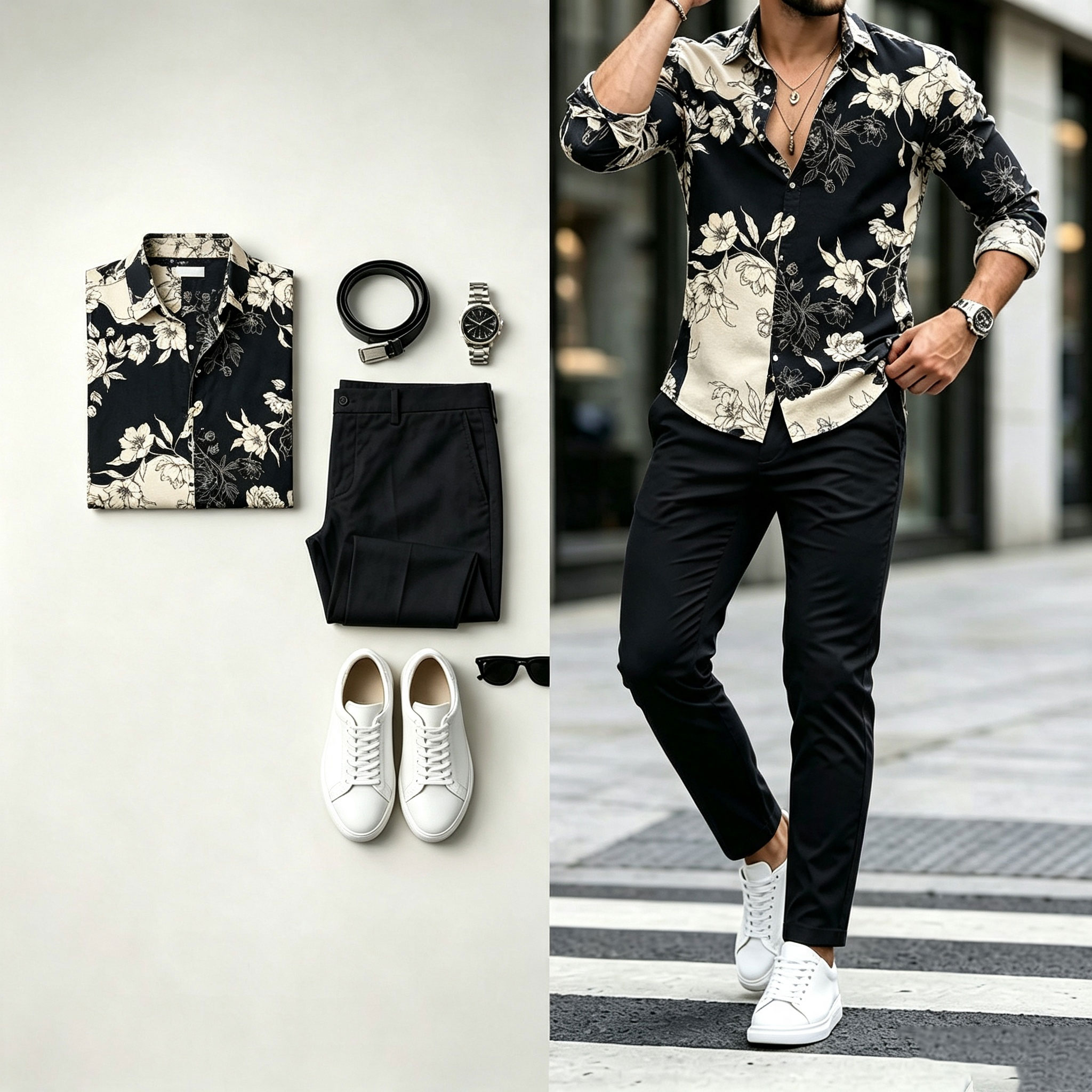 para hombre floral-Print de manga larga camisa and pantalón Set