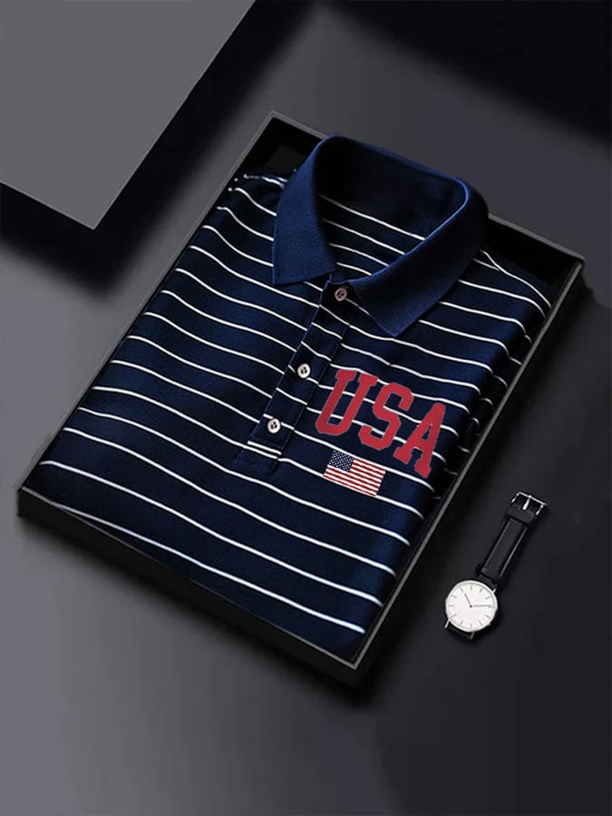 Camisa polo Independence Day Flag USA estampado casual a rayas para hombre