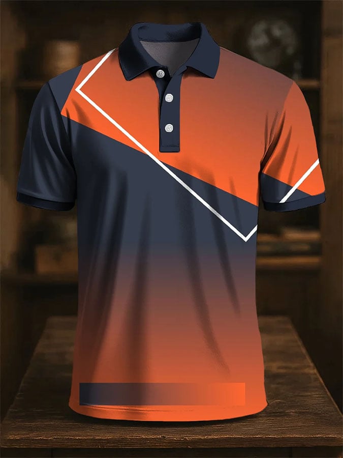 Camisa polo casual en bloques de color estampado de manga corta para hombre