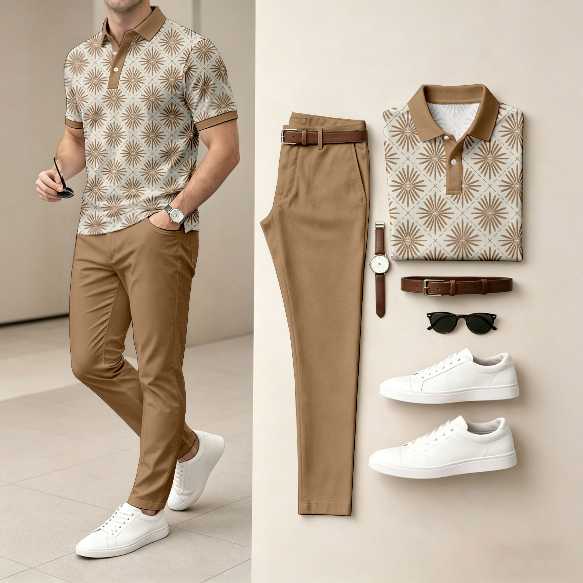 Camisa polo casual floral-estampado de manga corta And pantalón Set (Excludes Accessories Such As Watches And Belts) para hombre