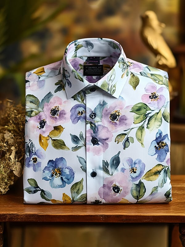 Camisa casual Watercolor floral estampado de manga larga para hombre